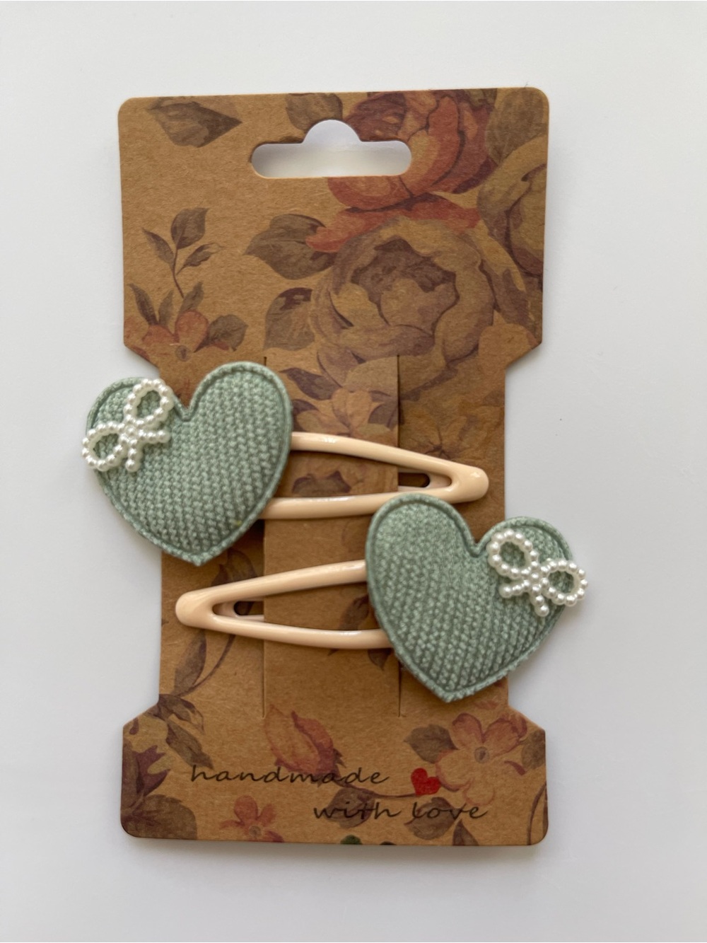 Handmade Sage Green Heart Hair Clips Pearl Bow Coquette Y2K Cute - set of 2clips